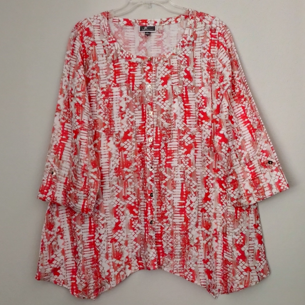 JM Collection Size L Women's Button-up Linen/Rayon blend Hi-Low Top Shirt Blouse
